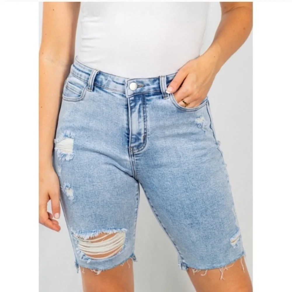 Plus Size Light Wash Distressed Bermuda Denim Shorts – High Rise, Super Stretchy
